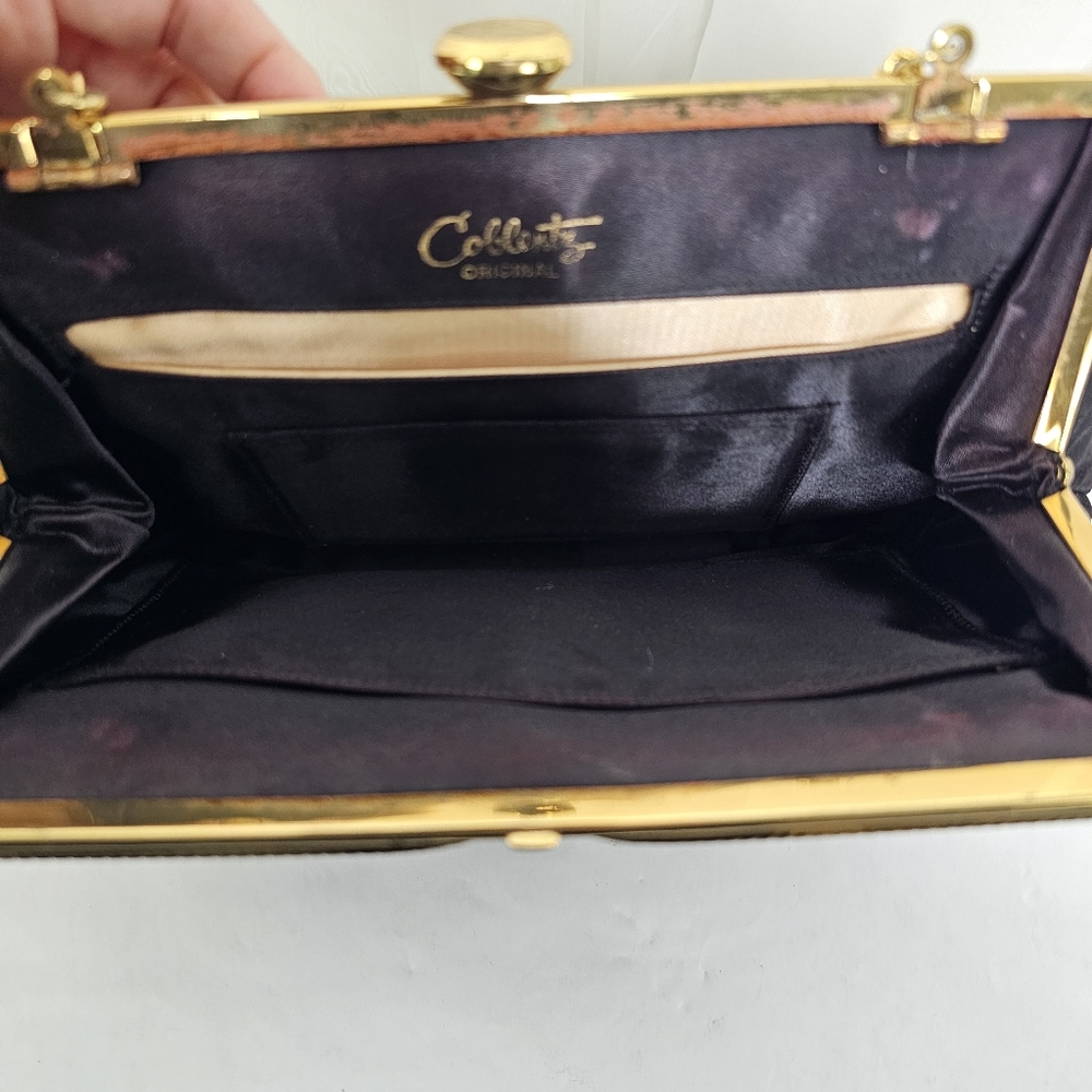 Vintage Coblentz Black Satin  Convertible Clutch Evening Bag Gold Chain Hinge - Picture 8 of 9
